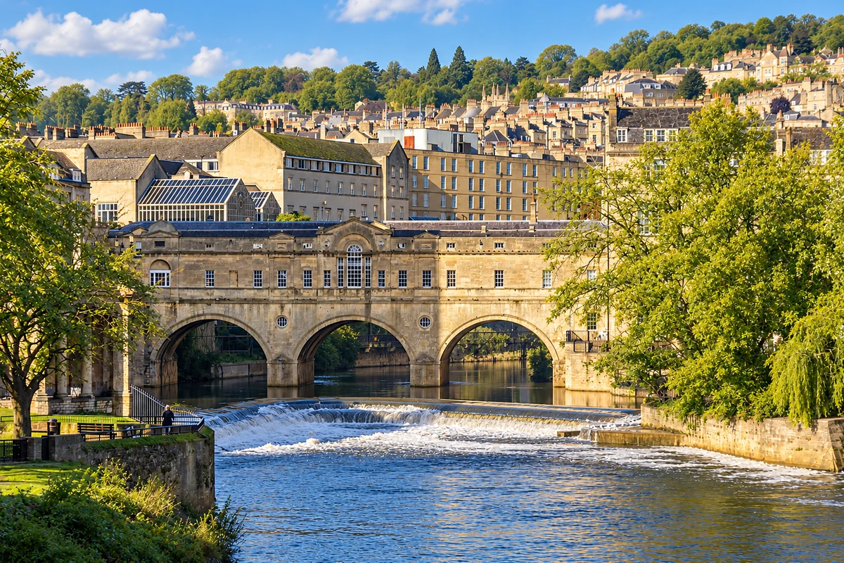 Pulteney Bridge en de weir in Bath.