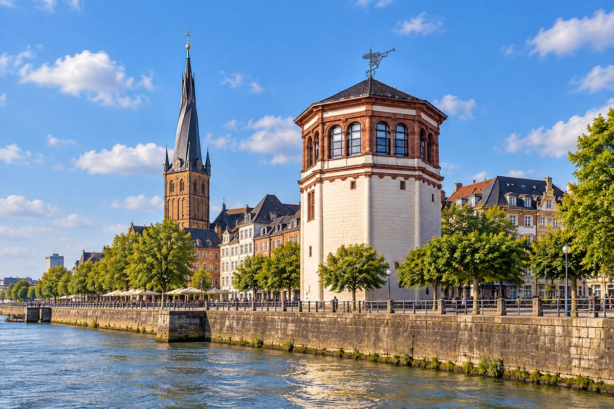 Burgplatz en Schlossturm aan de Rijn in Düsseldorf.