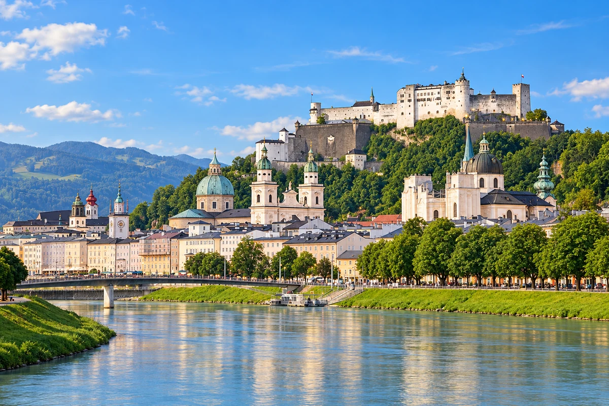 Salzach en Festung Hohensalzburg in Salzburg.