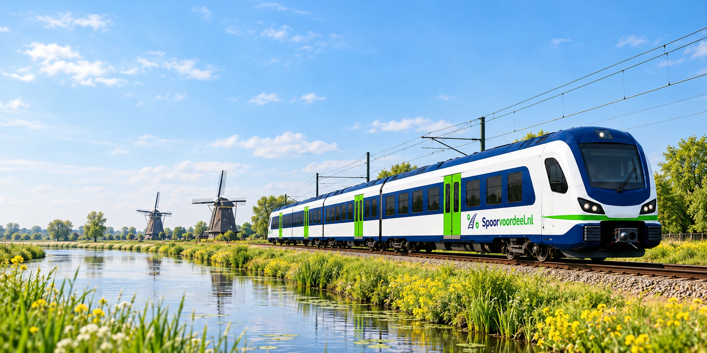 Spoorvoordeel-trein langs een vaart in het Nederlandse landschap